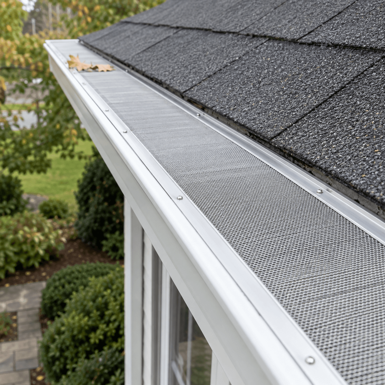 Protège-gouttière en grillage métallique installé, avec des feuilles retenues sur le dessus